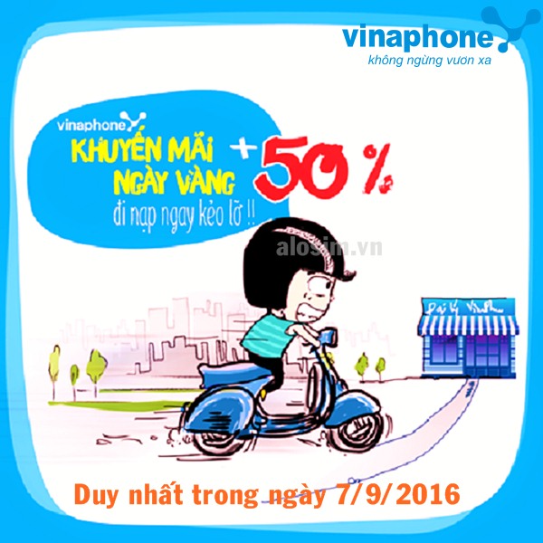 Khuyến mãi ngày vàng 7/9/2016: Vinaphone tặng 50% giá trị thẻ nạp