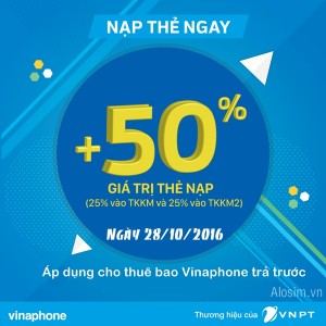 Vinaphone khuyến mãi 50% thẻ nạp ngày 28/10/2016
